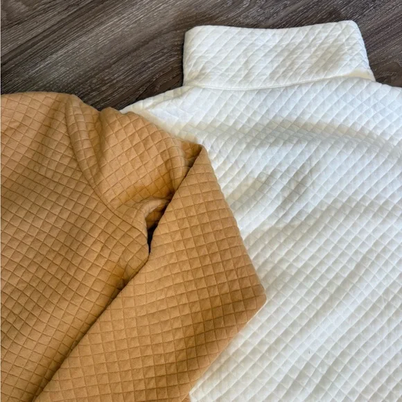 Two quilted grid like snap mock collar jackets in white and yellow orange - Picture 4 of 5